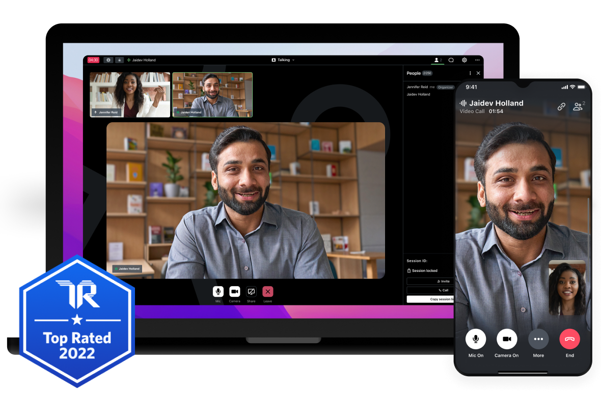 IU di GoTo Meeting, TrustRadius Top Rated 2022, e microfono utilizzato dall'organizzatore della riunione.