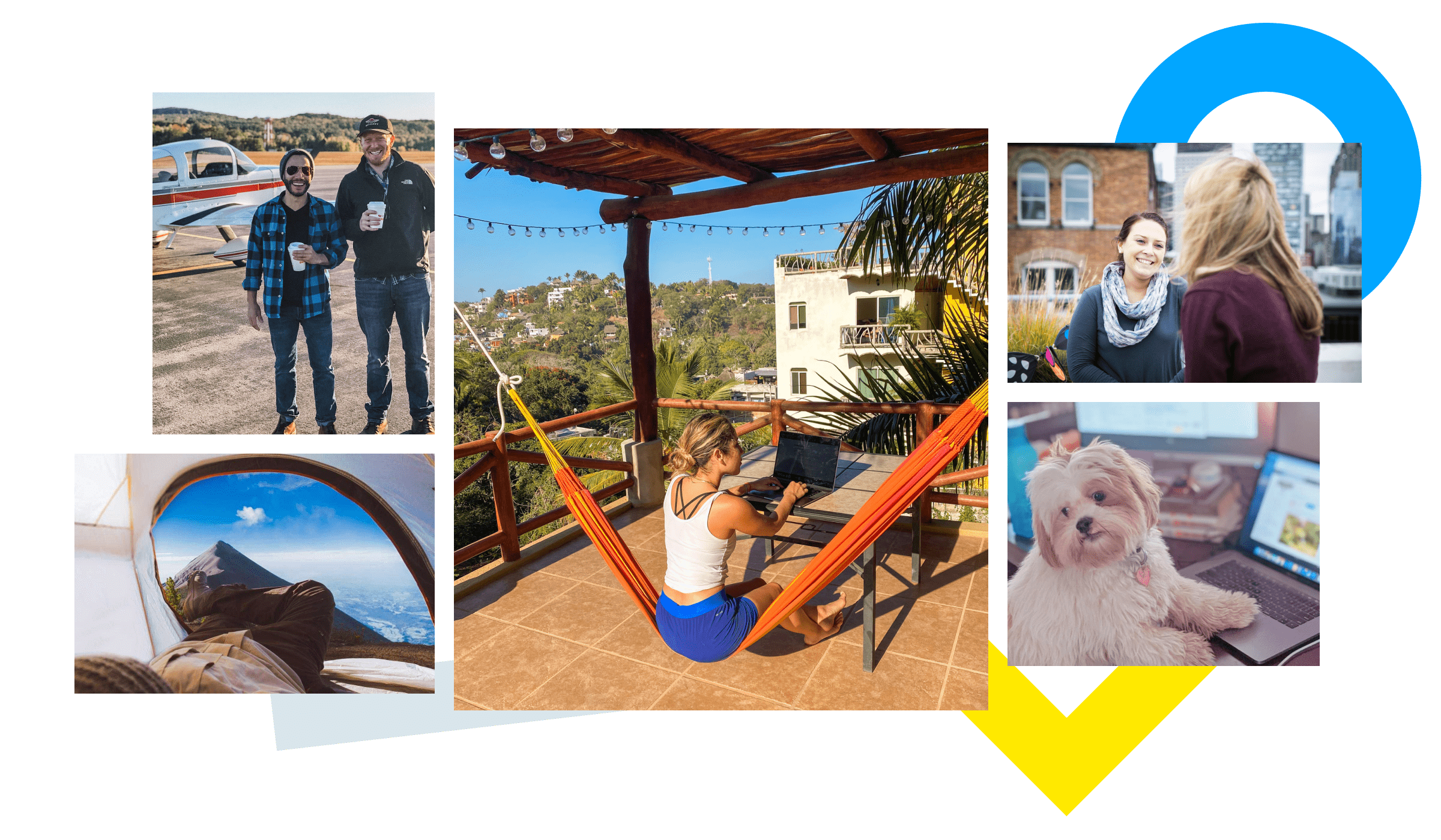 Colagem de imagens relacionadas a um local de trabalho flexível e predominantemente remoto