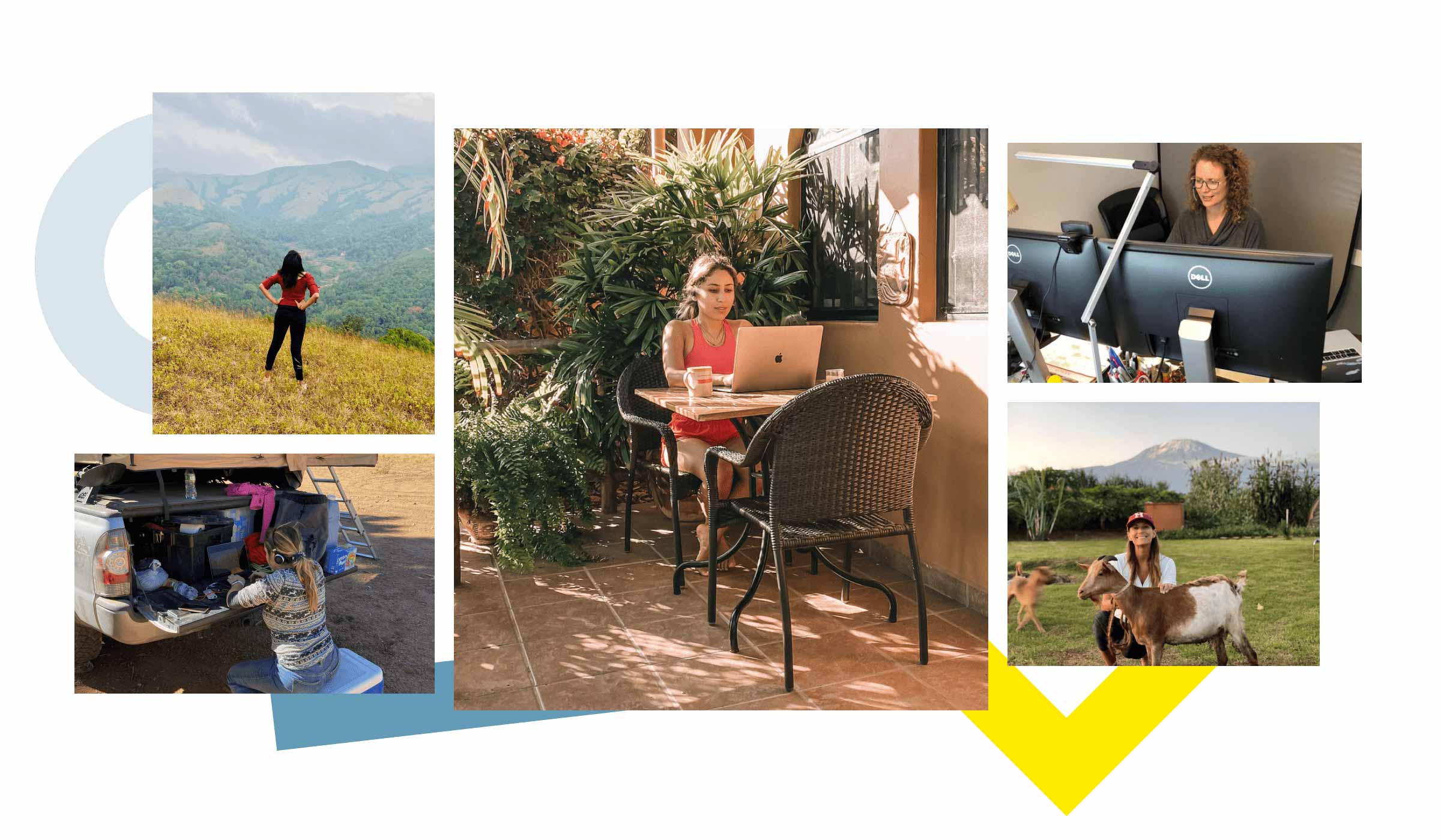 Collage van afbeeldingen met flexibele werkplekken waarbij werken op afstand centraal staat.