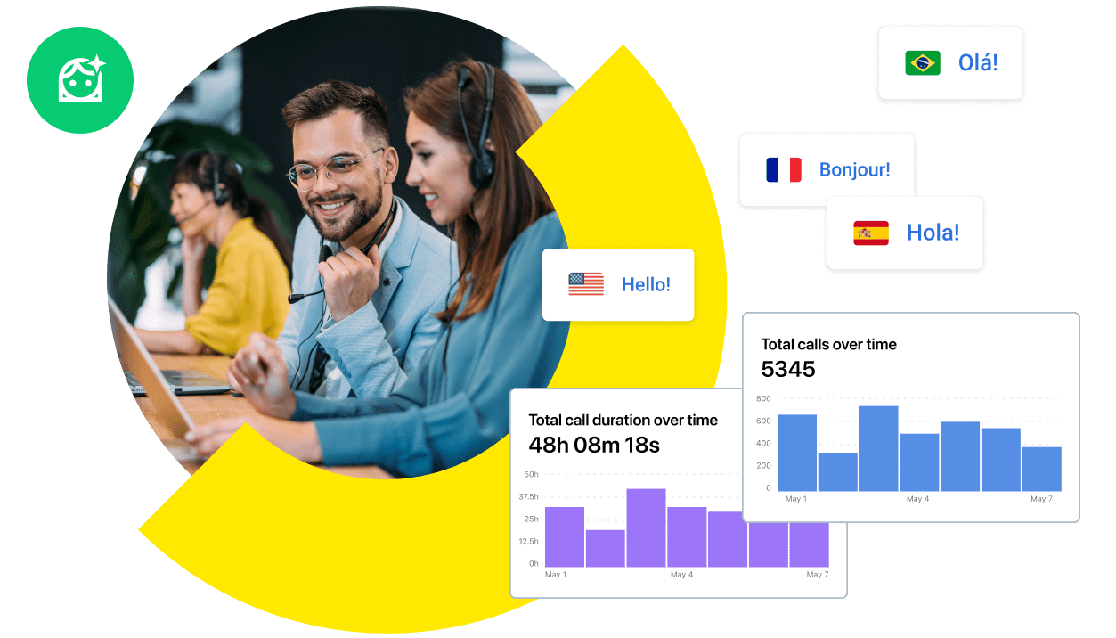 Agents working in a professional setting, with  AI Receptionist features such as multilingual support, call duration analytics, and total call metrics, showcasing better customer service, efficiency, and unified communication.