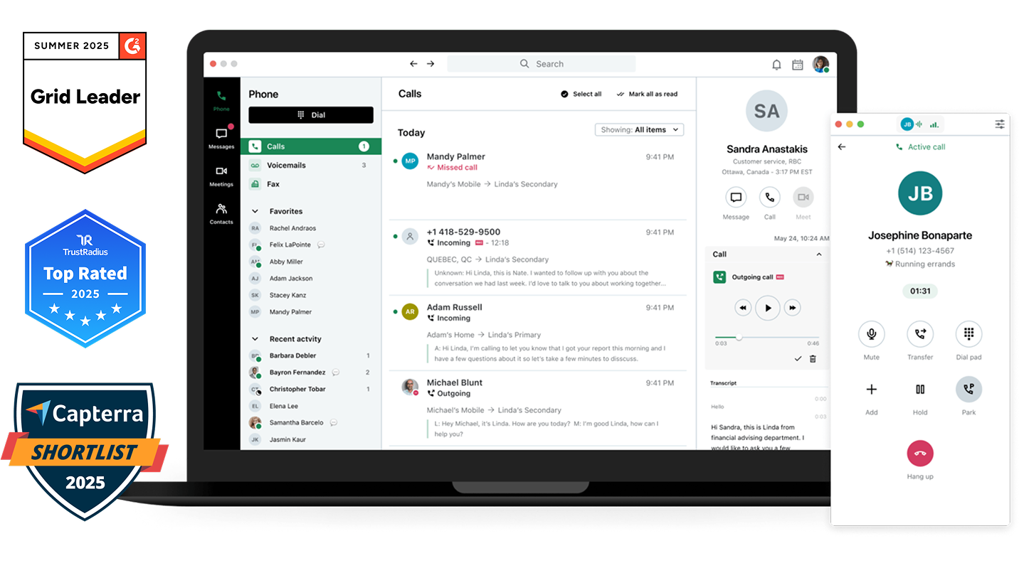 Afbeelding van het contactcenterdashboard van GoTo Connect, met badges voor G2 Leader Fall 2023, TrustRadius Best Value of Price van 2023 en Capterra Shortlist 2023