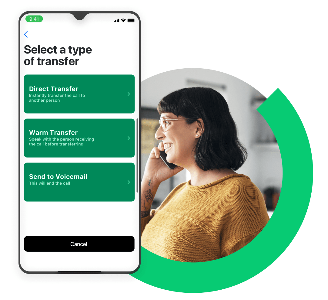 A woman setting up a call transfer from several options: direct transfer, warm transfer, and send to voicemail.