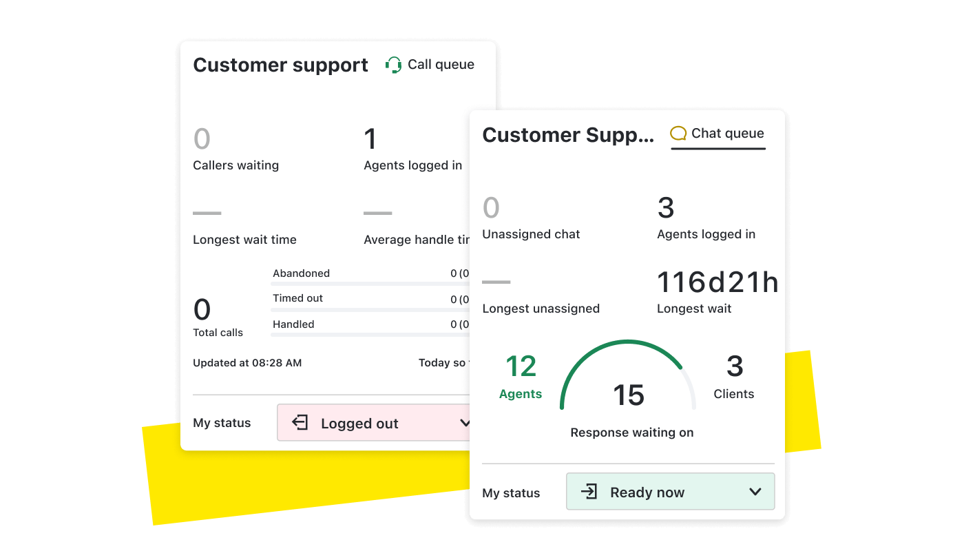View of Customer Support Chat Queue and Call Queues, with ability to set agent status.