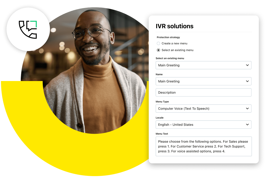 IVR Solutions configuration menu with options to create a new menu or edit an existing one, including fields for name, description, menu type, locale, and menu text.