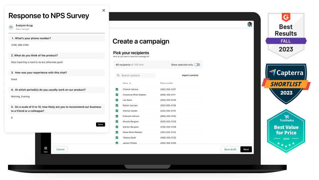 Herramientas galardonadas de GoTo Customer Engagement que muestran cómo crear una campaña y ver las respuestas de la encuesta.