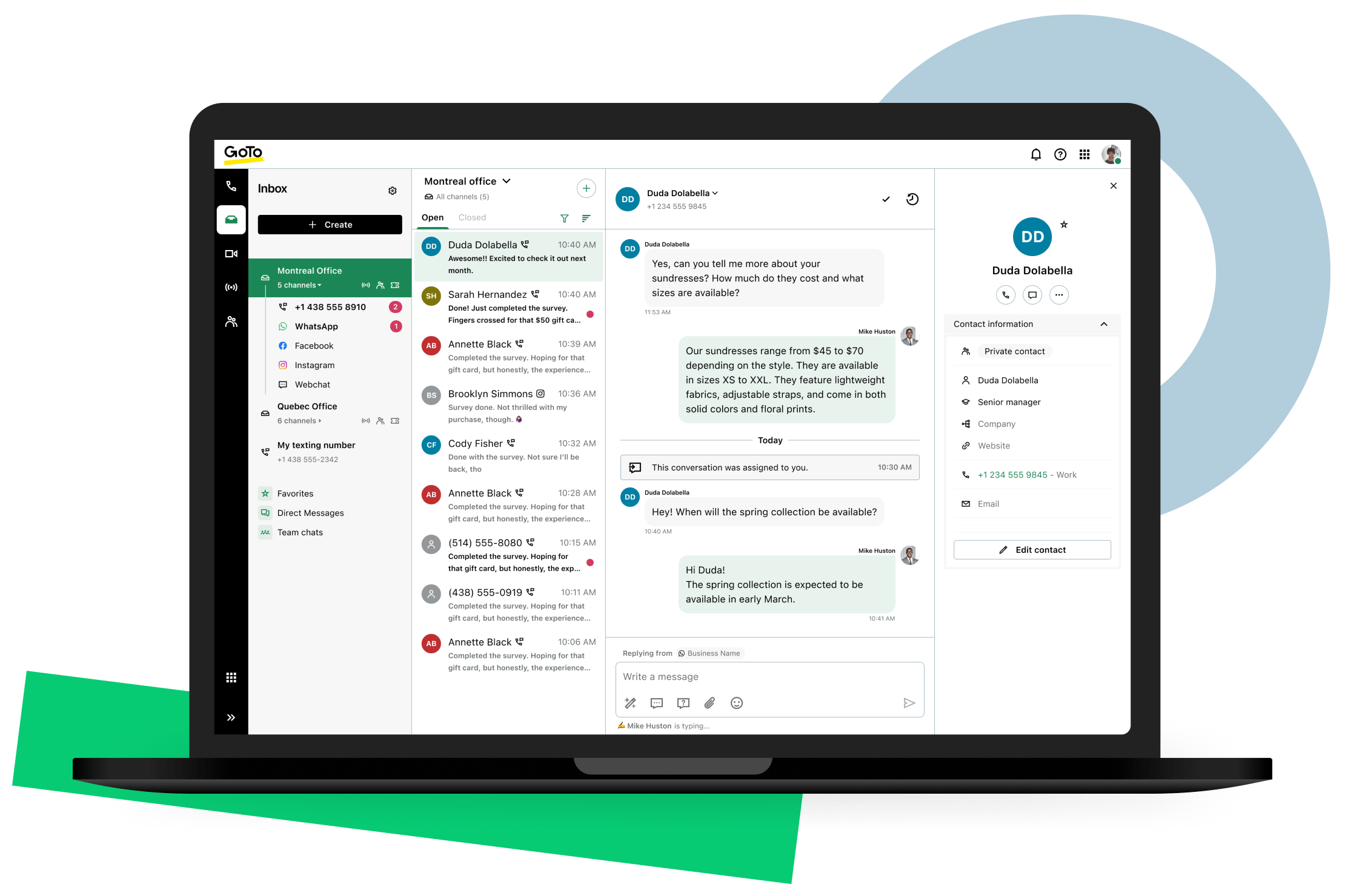 Écran illustrant une boîte de réception dans la solution d'engagement client de GoTo Connect avec les conversations clients provenant de WhatsApp, des réseaux sociaux, des SMS et du chat en ligne pour des réponses personnalisées et une collaboration en équipe.