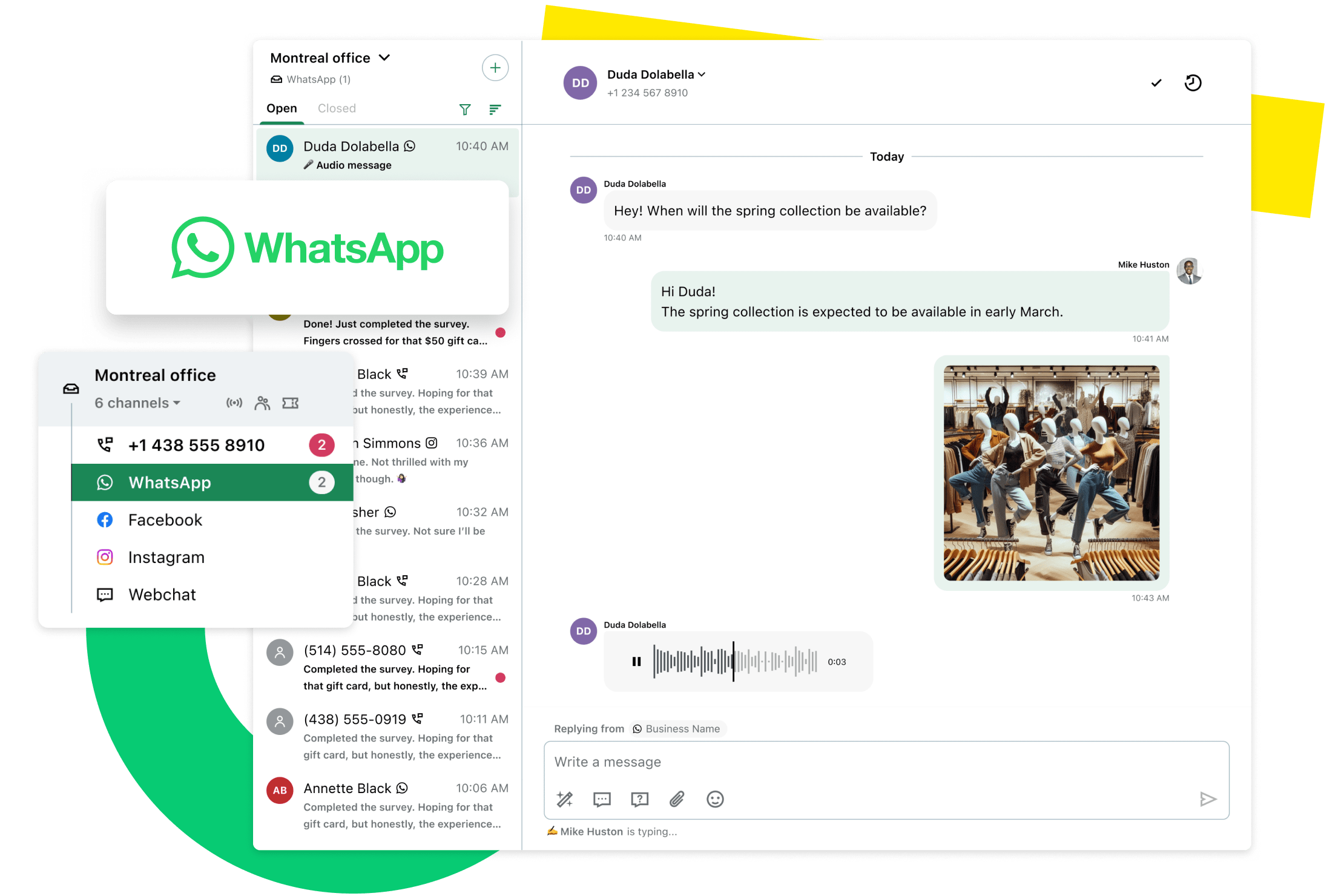 Pantalla que muestra la bandeja de entrada de WhatsApp de GoTo Connect Customer Engagement con una conversación de clientes personalizada en tiempo real.