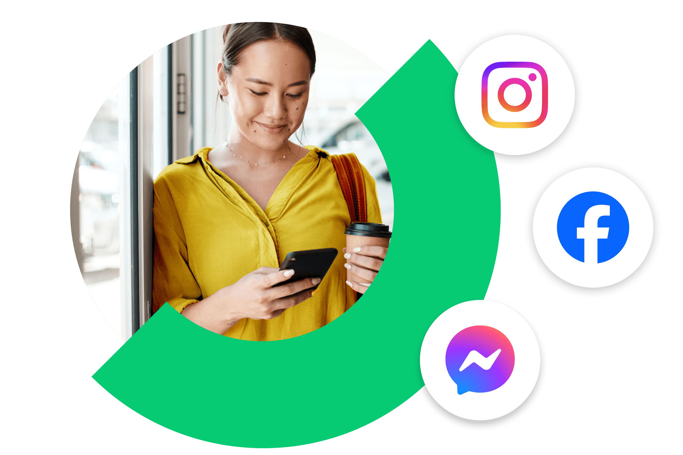 Joven profesional que utiliza su dispositivo móvil para acceder a plataformas de redes sociales incluidas Instagram, Facebook y Facebook Messenger durante los desplazamientos.