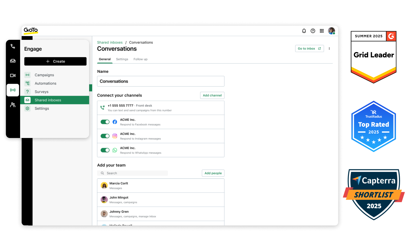 Immagine della  dashboard del centro di contatto GoTo Connect, con i badge G2 Leader Fall 2023, TrustRadius Best Value of Price 2023 e Capterra Shortlist 2023