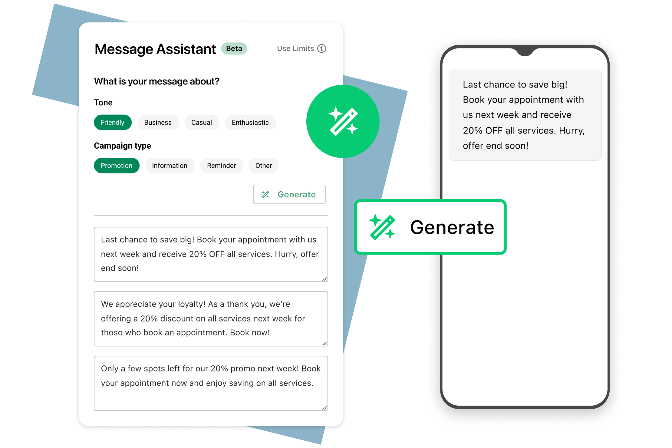 Montagem da IA assistente de mensagens do GoTo Connect, a Generate.
