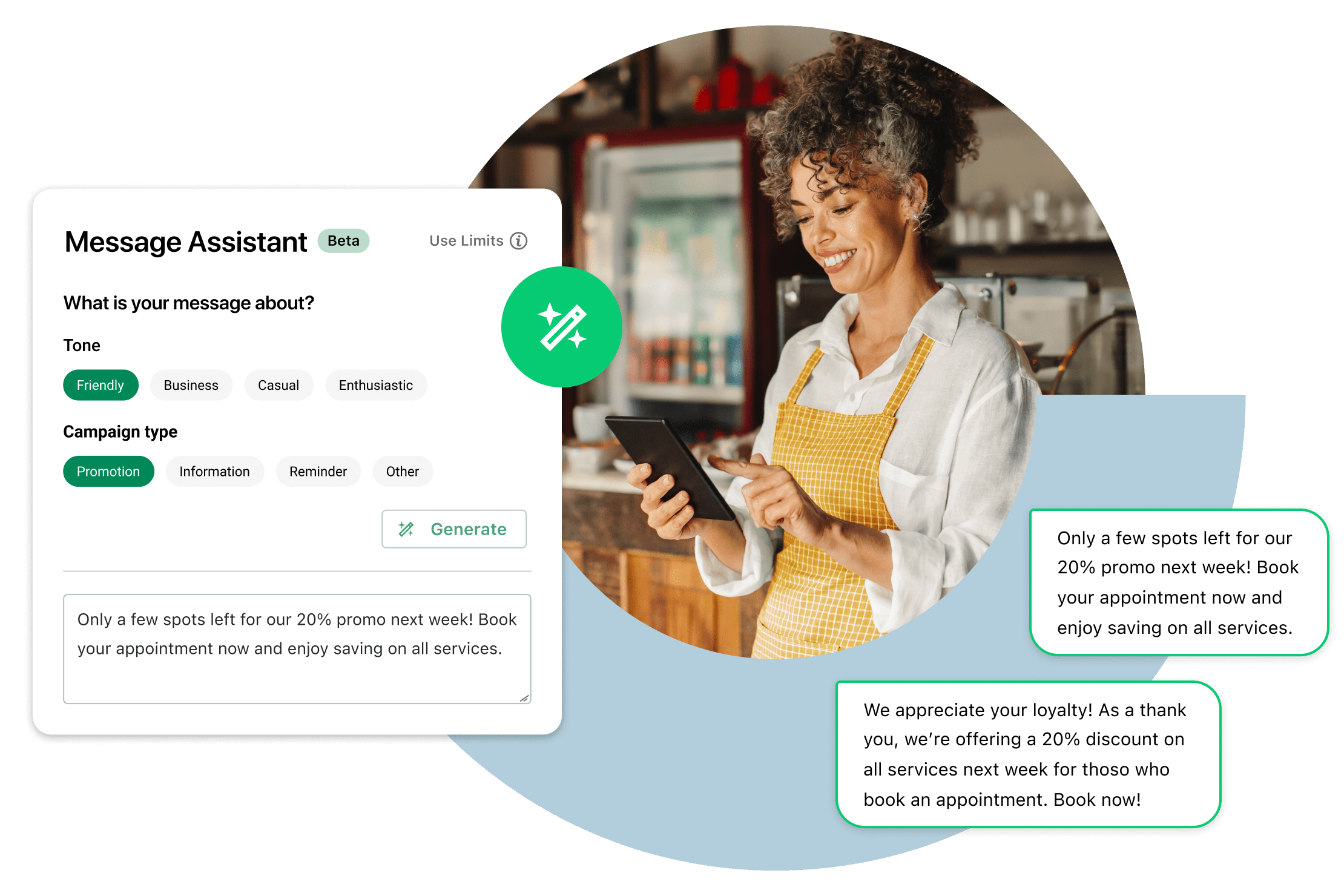 Montage d'images montrant une travailleuse regardant une tablette sur laquelle elle utilise l'assistance de messagerie à base d'IA de GoTo Connect pour générer un message personnalisé.