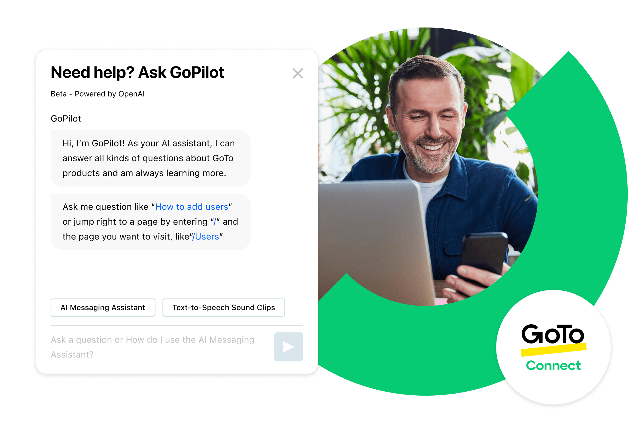 Collage van mannen die glimlachen terwijl ze naar mobiele apparaten kijken en op laptops werken, op zoek naar AI-ondersteuning.