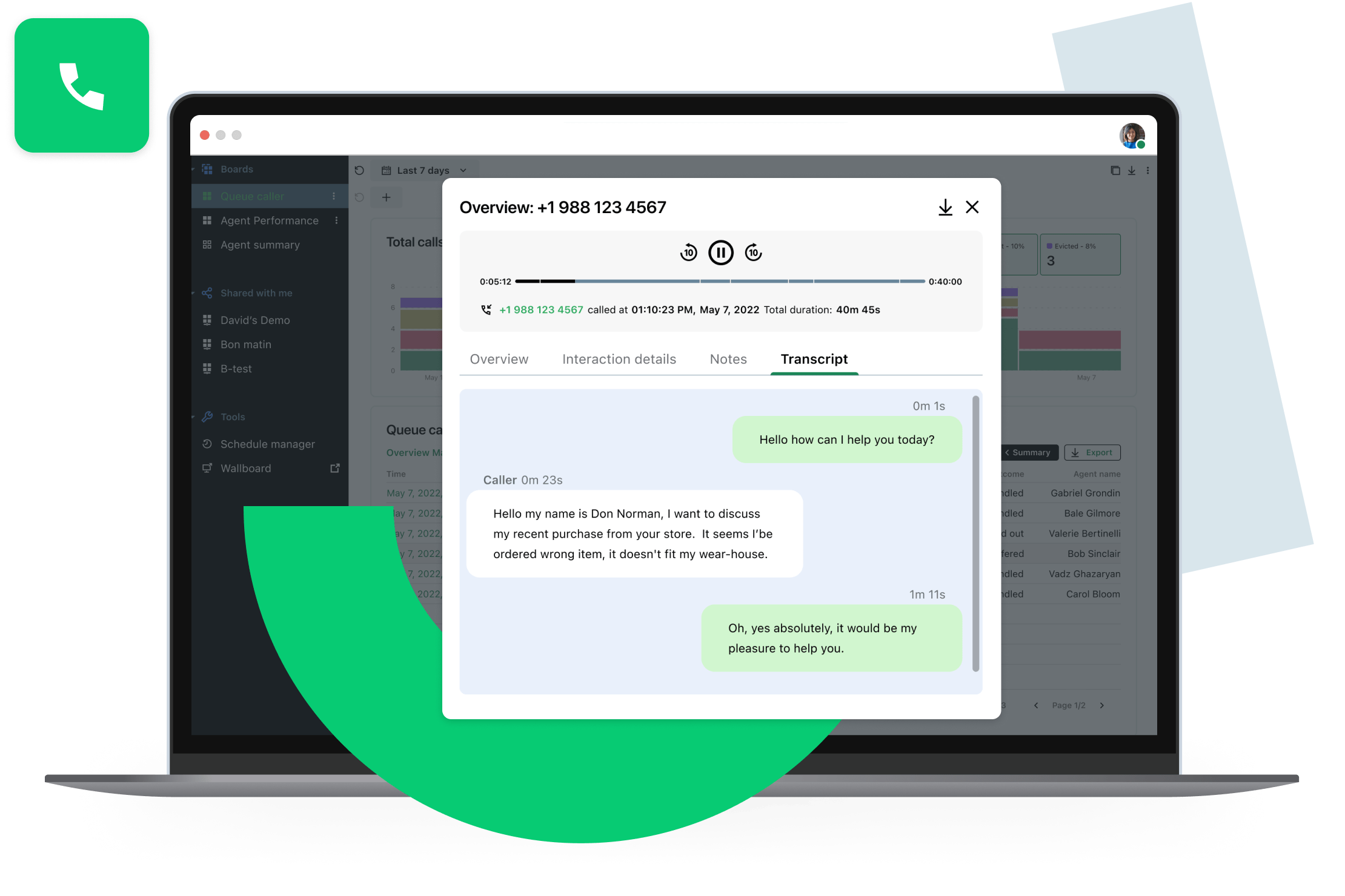 Montage d'images montrant l'interface des transcriptions d'appels par l'IA de GoTo Connect.