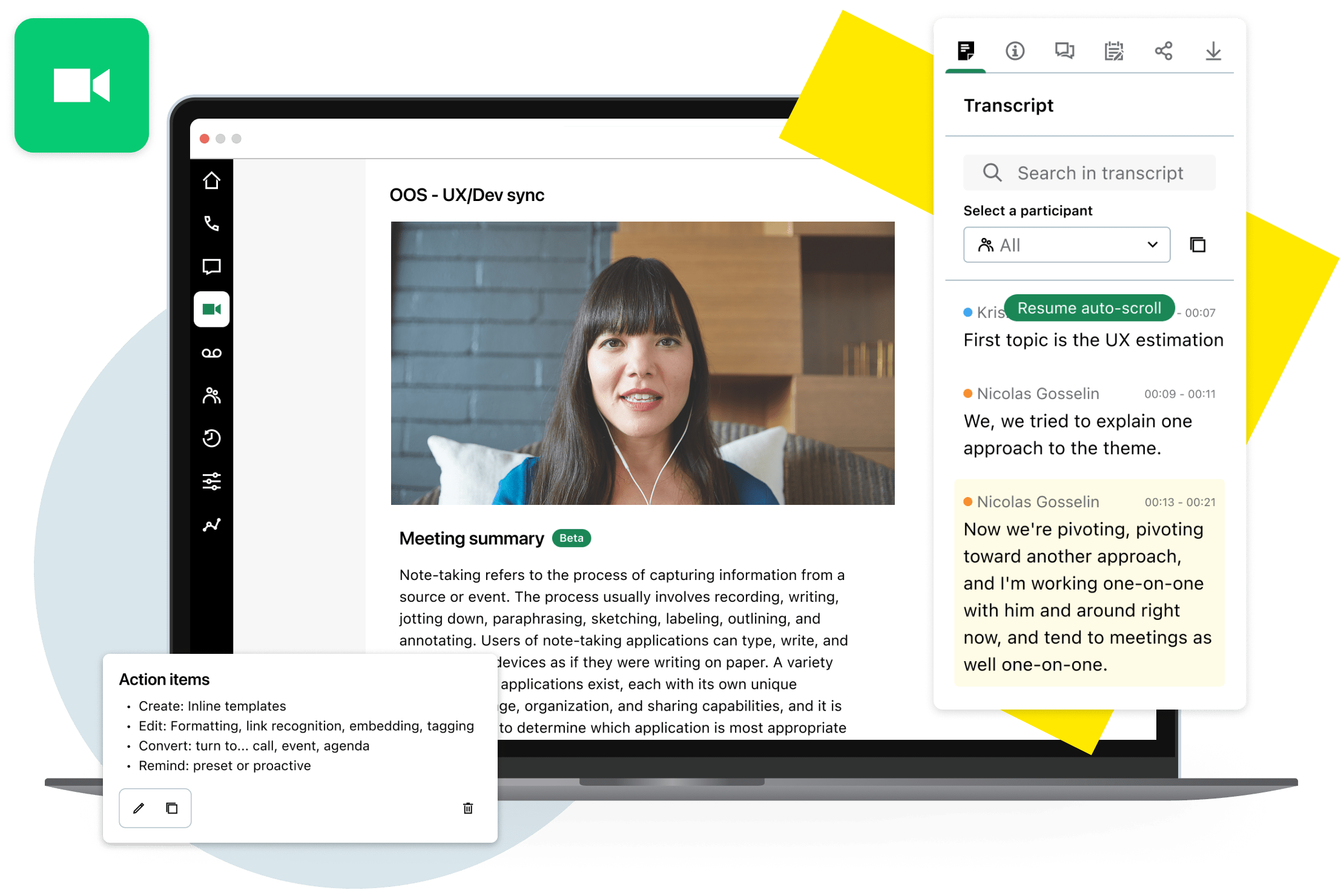 Collage van de interface van AI-gesprekstranscripties van GoTo Connect, met gestroomlijnde toegang tot transcripties voor snellere inzichten en identificatie van verbeterpunten.