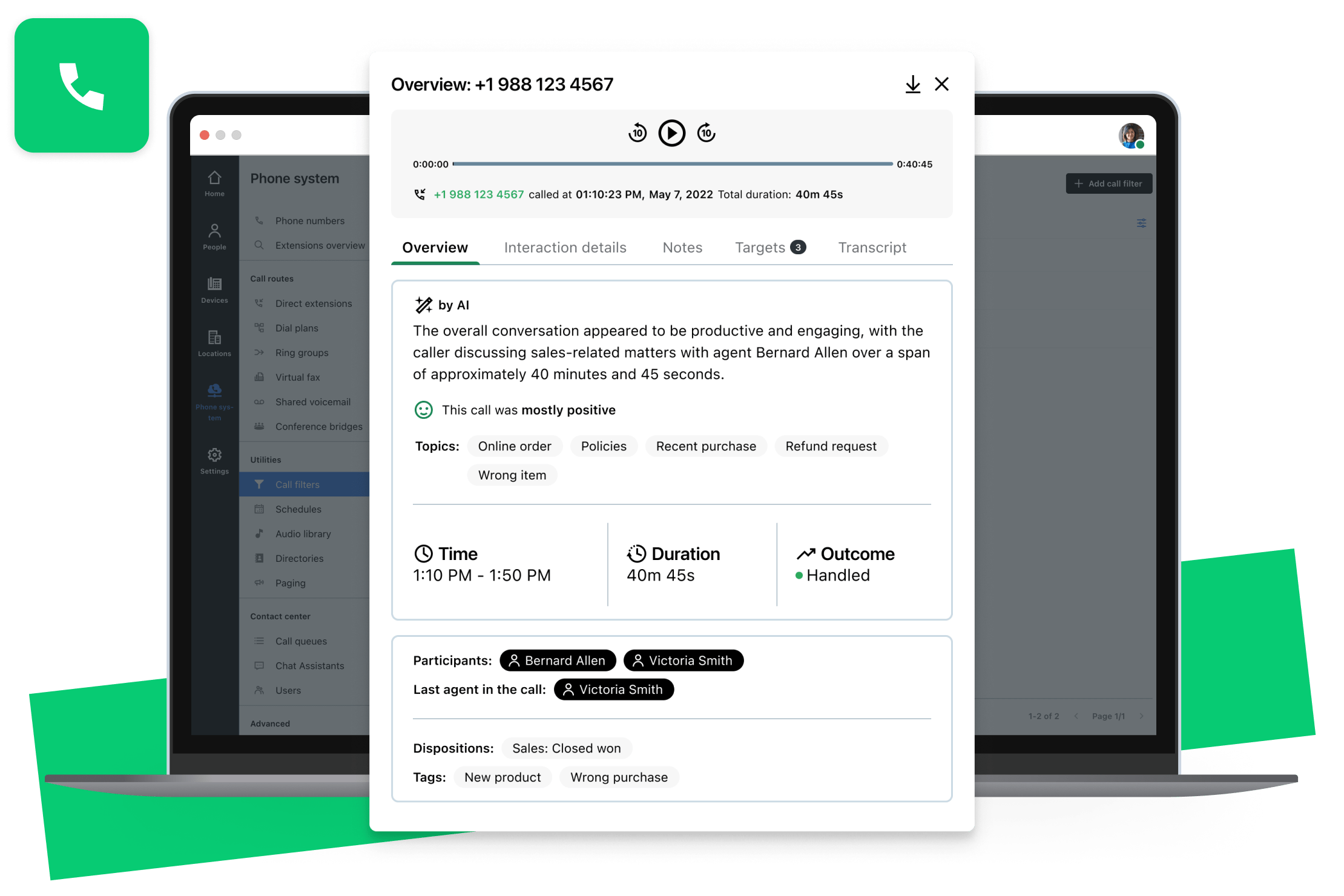 Collage della funzionalità AI Call Summary di GoTo Connect, che mostra un laptop con riepiloghi delle chiamate concisi per un processo decisionale più rapido.
