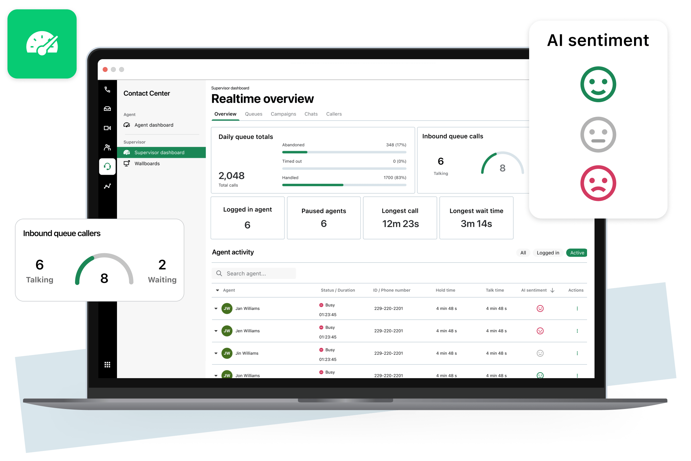 Interfaccia di AI Chat Analysis visualizzata su un computer portatile, che mostra la valutazione in tempo reale del sentiment dei clienti.