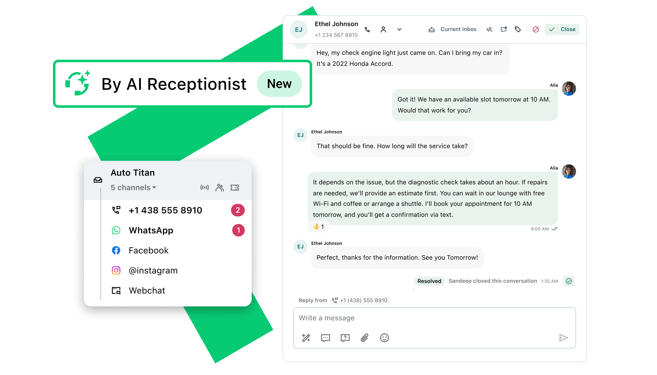 Interfaccia di chat che visualizza una conversazione tra agente e cliente, integrata con diversi canali di comunicazione, tra cui WhatsApp, social, SMS e chat web.
