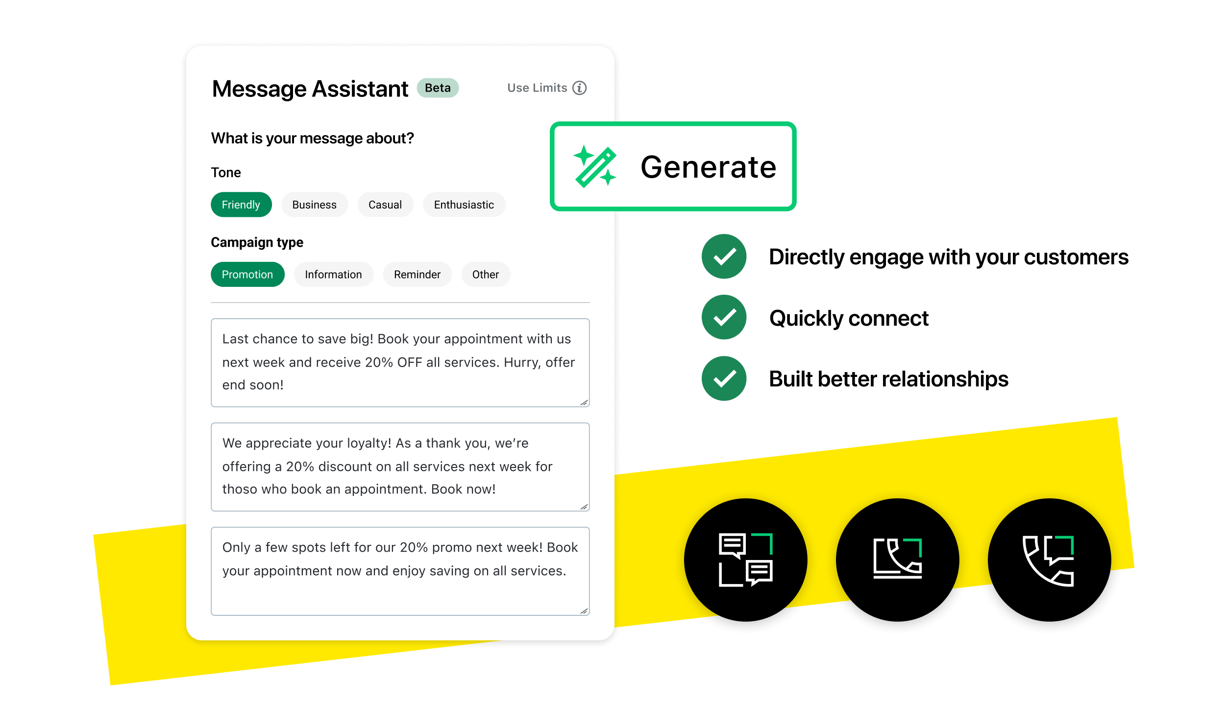Collage di AI Messaging Assistant GoTo Connect, Generate.