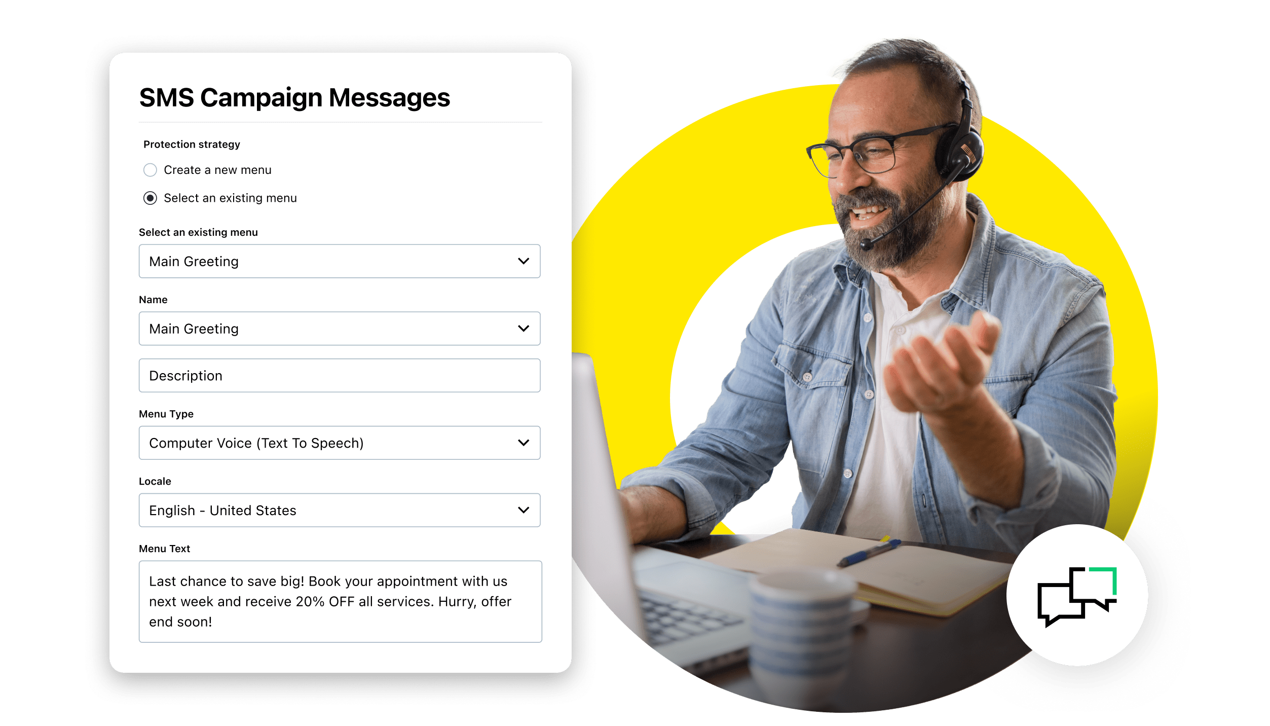 GoTo Connect, Business SMS messaging with options to create, preview, and send SMS campaign messages easily using pre-written or custom templates.