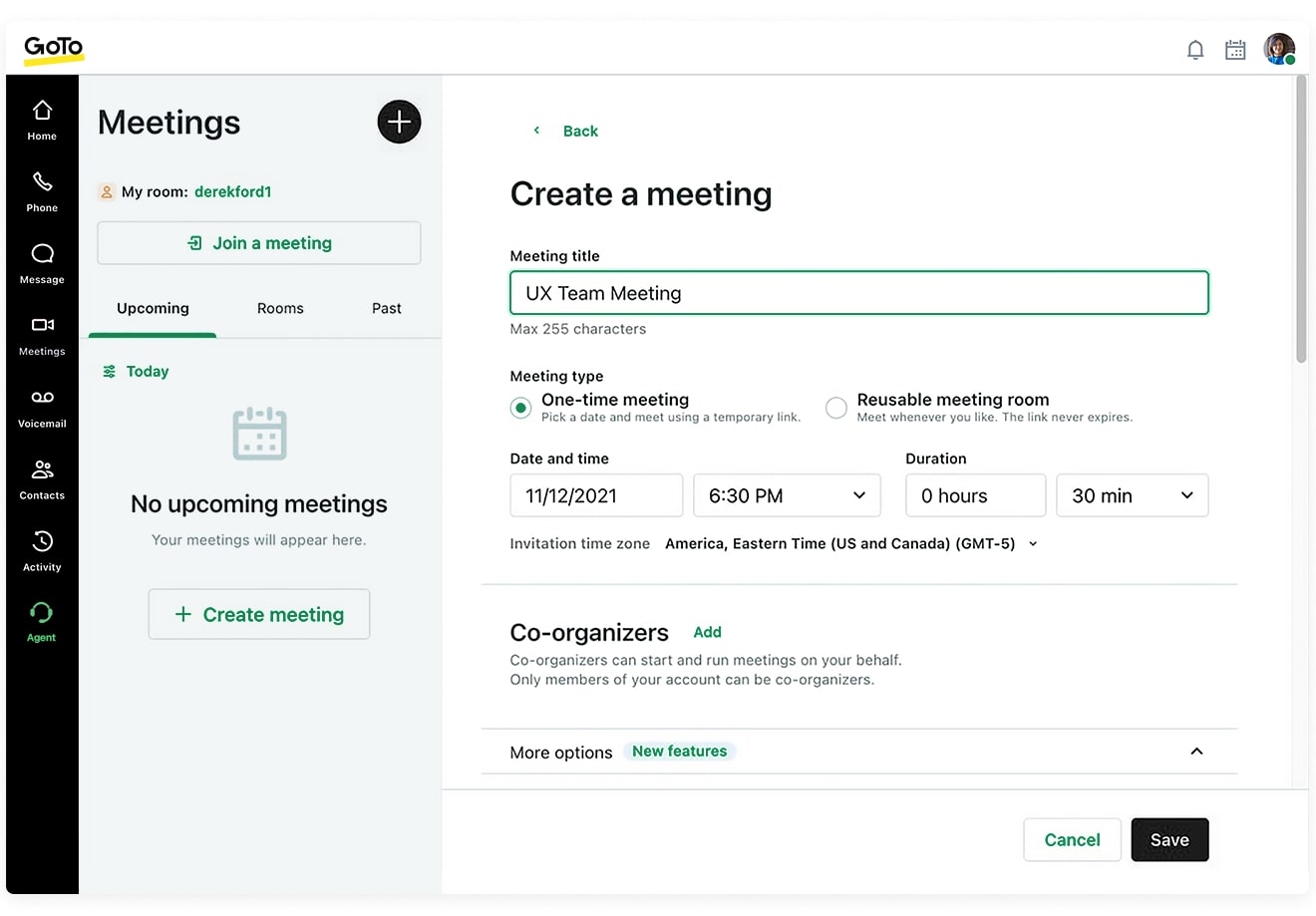 Screenshot of setting up an online meeting.