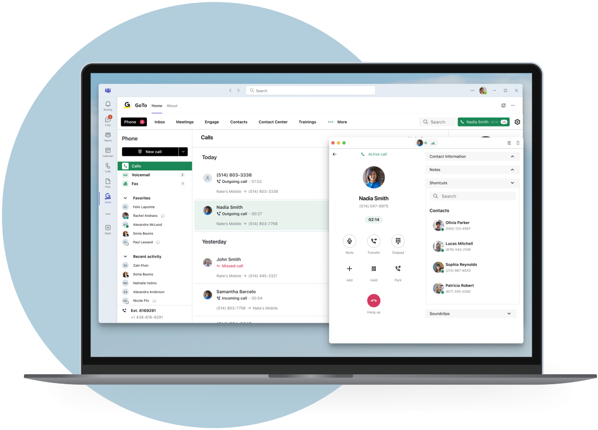 Écrans qui montrent GoTo Connect intégré à l'application Microsoft Teams avec la gestion des appels.