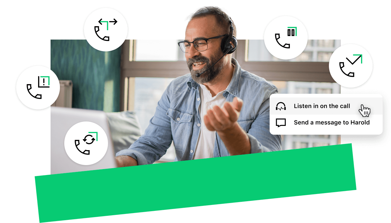 Man with a headset showing call features.