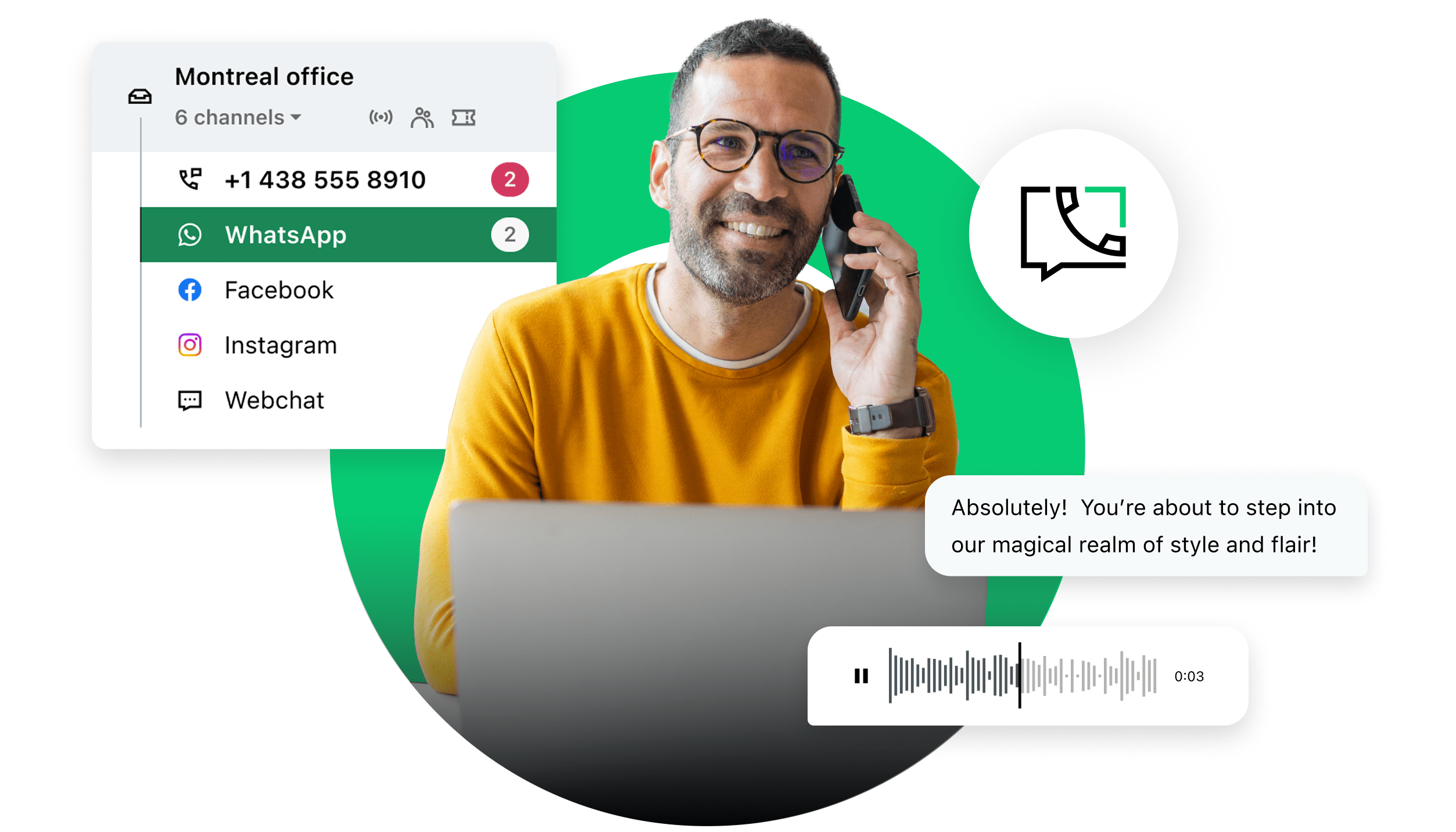 Showcasing a consolidated omnichannel platform that integrates communication tools like WhatsApp, Facebook, Instagram, and webchat into one interface, enabling agents to resolve issues quickly and lower average handling times.