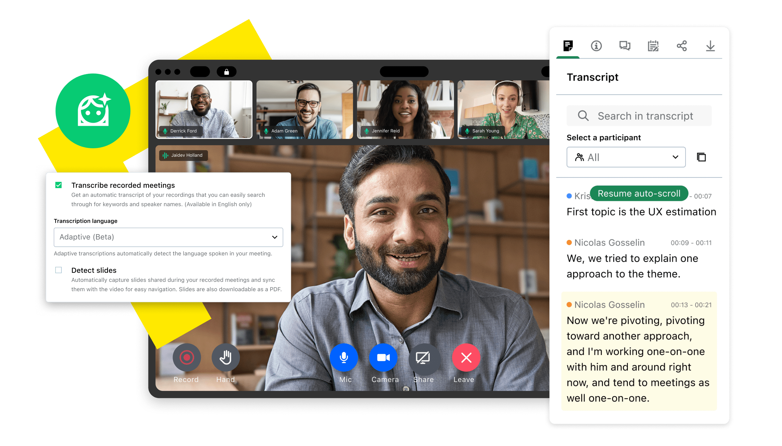 GoTo Meeting virtual meeting interface with multiple participants, featuring live transcription to break down language barriers.