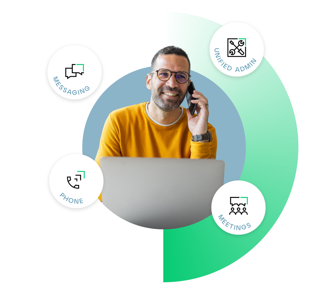 Moldura circular com contorno em degradê verde com uma pessoa falando em um dispositivo móvel. Ao redor da imagem estão os destaques dos principais recursos do sistema de telefonia do GoTo Connect: telefone, reuniões, mensagens e administração unificada.