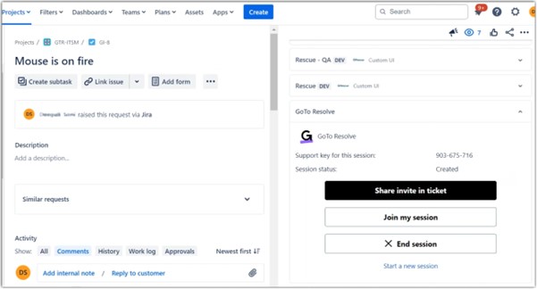 Screenshot of Jira with the GoTo Resolve app on the right.