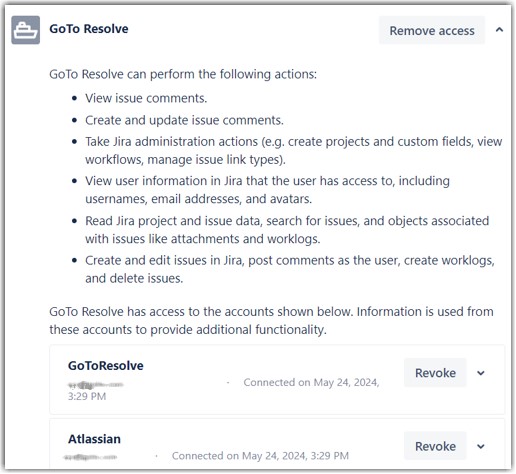 Screenshot of GoTo Resolve access options within Jira.