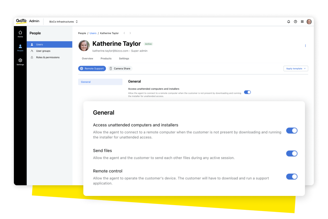 GoTo Admin facilite le processus de configuration en personnalisant les autorisations au niveau de l’agent et en gérant la configuration utilisateur.