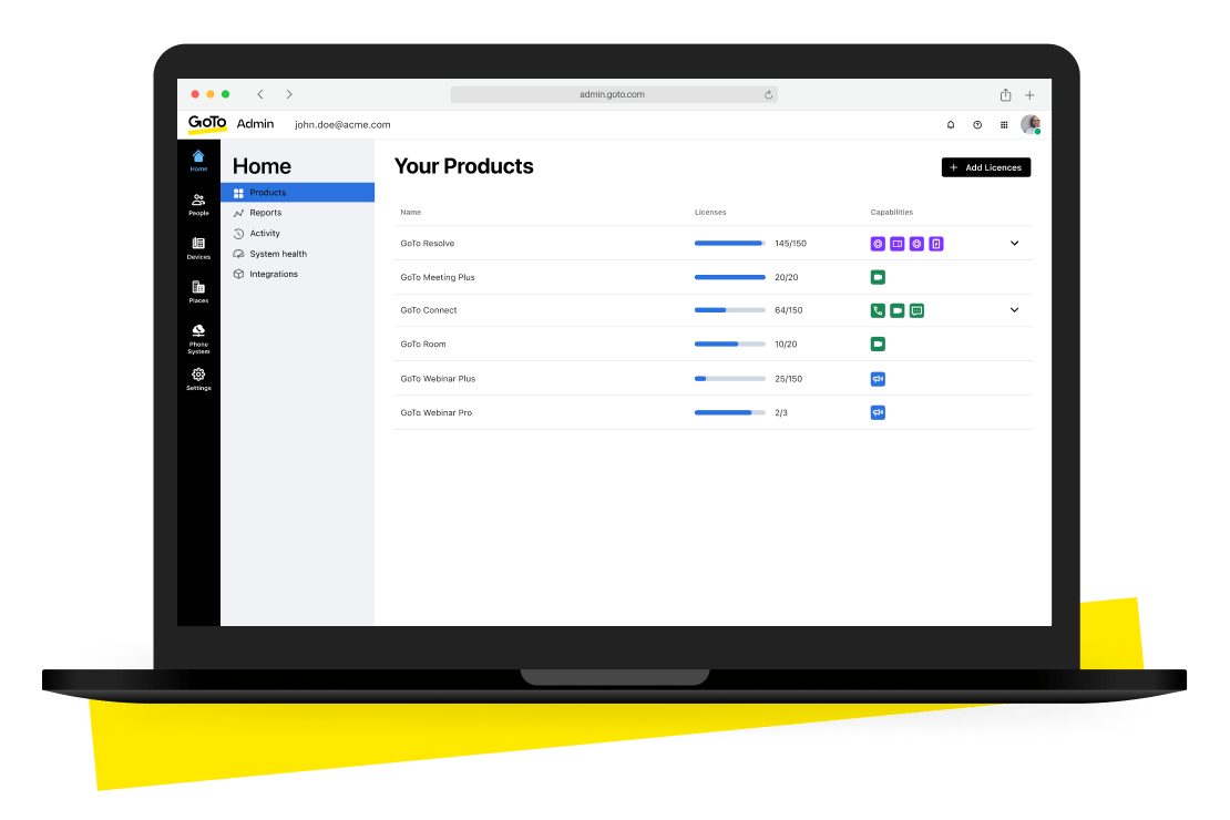 Use the GoTo Admin console to streamline user management, manage user access, configure account security, set up help desk channels, and create and runs reports.