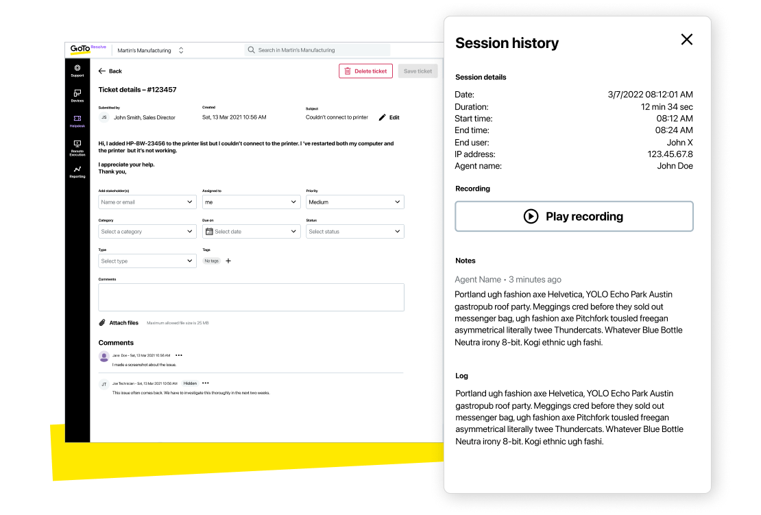 Scherm van GoTo Resolve met ticketgeschiedenis en notities van een adviseur over een sessie.