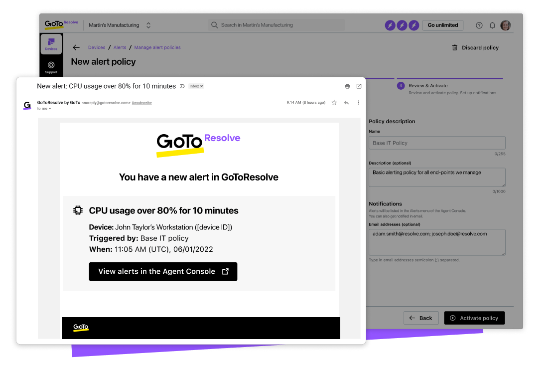 Weergave van IT-waarschuwingsmail van GoTo Resolve’s software voor monitoring en beheer op afstand die toont dat het CPU-gebruik van een apparaat langere tijd meer dan 80% is.
