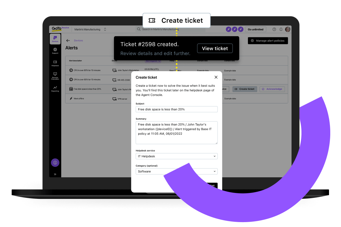Het maken van een IT-ticket vanuit een IT-waarschuwing in GoTo Resolve’s software voor IT monitoring en beheer op afstand.