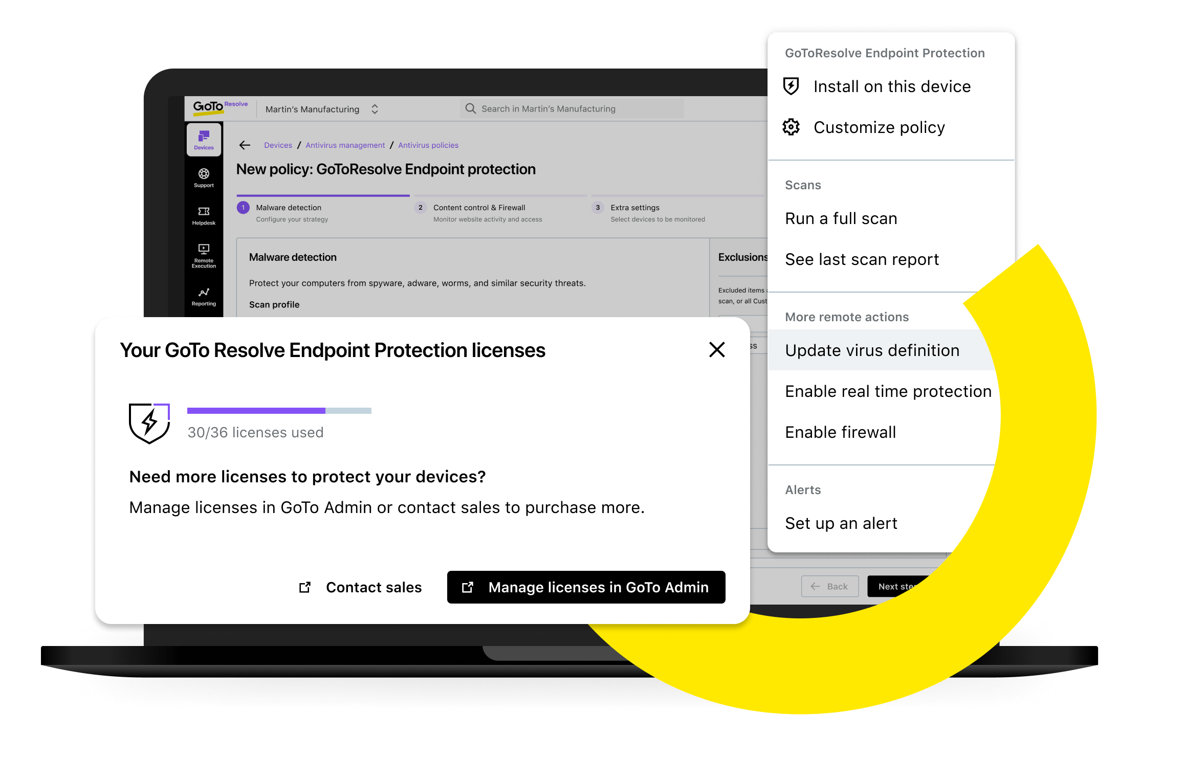 Schermweergave van het dashboard voor eindpuntbeveiliging van GoTo Resolve, met licentiebeheervenster en menuopties.
