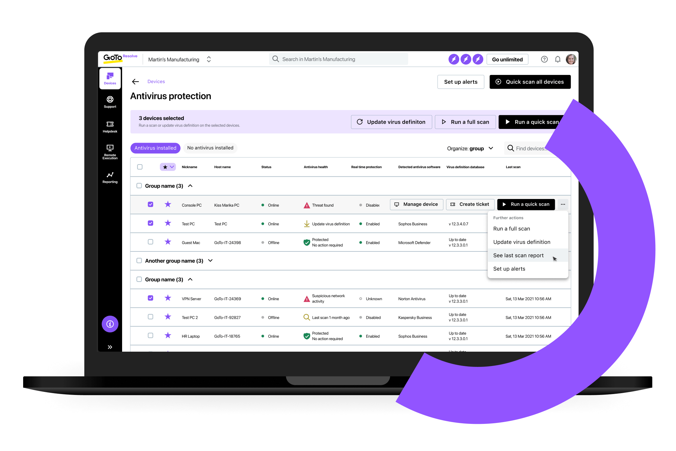 Tela de visão geral "Dispositivos" do GoTo Resolve mostrando todos os terminais (endpoints) e atualizações de antivírus.
