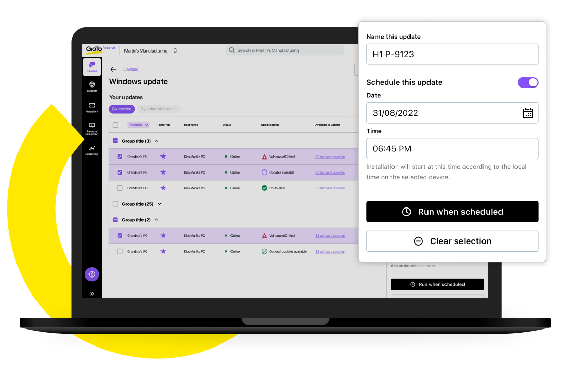 Weergave van de functie Deze update plannen van GoTo Resolve voor het uitvoeren van een bulk-update van Windows.