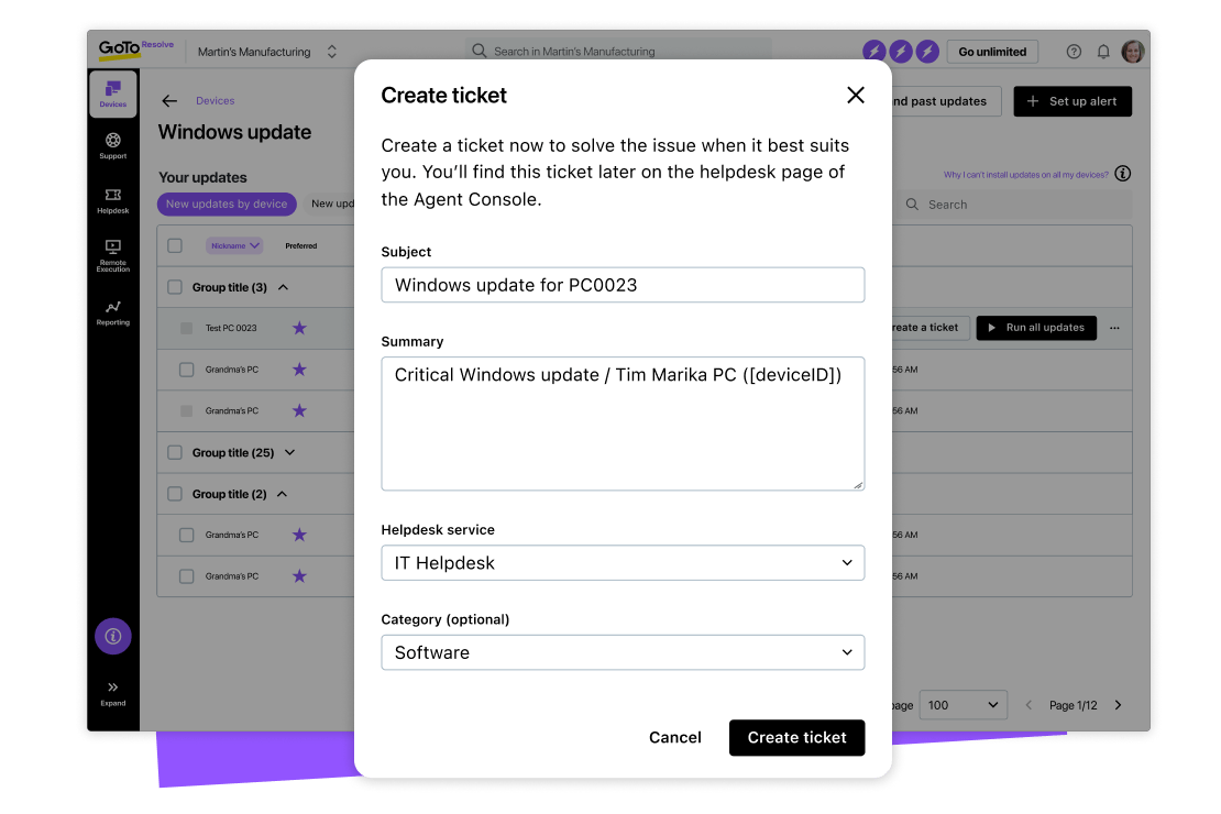 La fonctionnalité de création de tickets de GoTo Resolve avec un message demandant de déployer un correctif à distance sur un appareil.