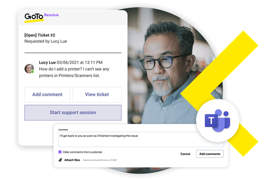 Interface GoTo Resolve affichant un ticket d'assistance ouvert accompagné du logo Microsoft Teams, montrant l'intégration entre GoTo Resolve et les outils de messagerie populaires.
