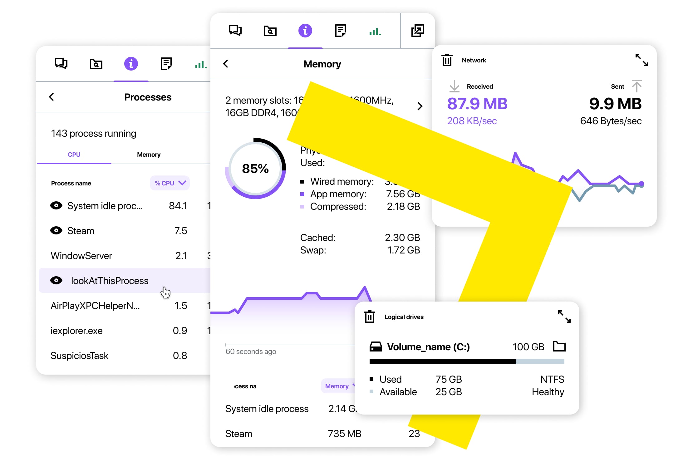 Quando tudo de que você precisa são informações do sistema, o Device Quick View do GoTo Resolve oferece uma visão dos bastidores do diagnóstico de sistema de um host, eliminando a necessidade de iniciar uma sessão remota.