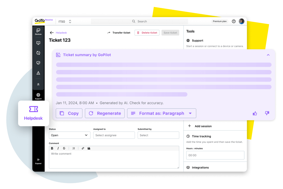 Close-up view of a helpdesk with AI note-taking within GoTo Resolve.