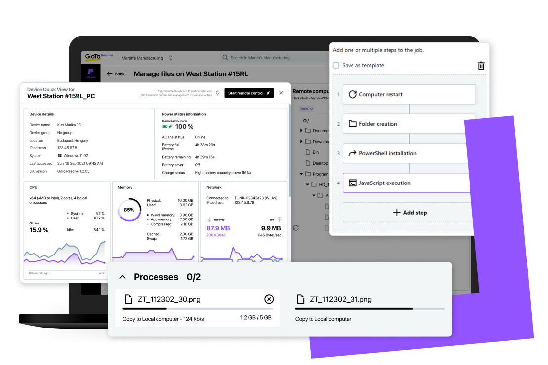 Écran montrant les performances du processeur, la mémoire, les processus, les événements et d’autres données sur le logiciel RMM gratuit de GoTo Resolve.