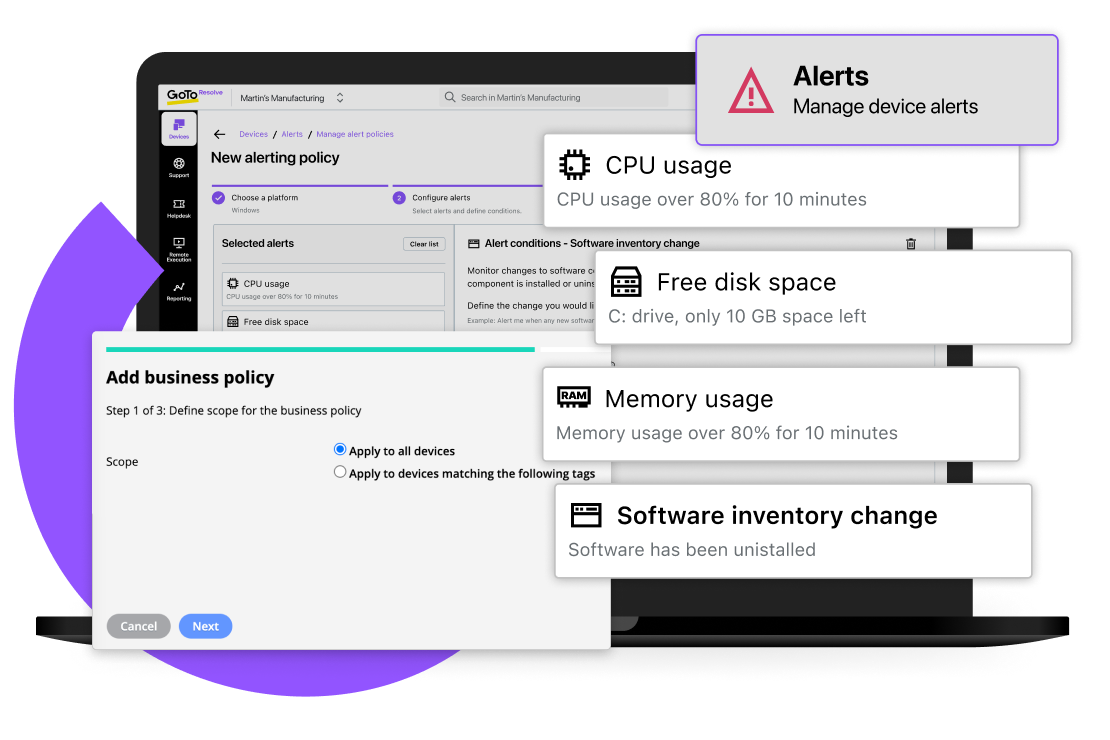 Écran montrant des alertes système critiques en temps réel concernant l’intégrité des ordinateurs et les modifications du matériel avec le logiciel RMM gratuit.
