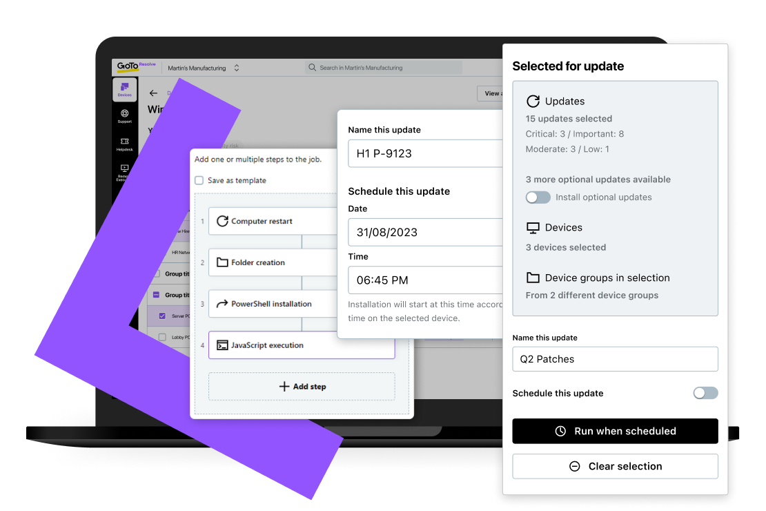 Schermweergave van Premium-functies voor vijf Pro-apparaten in de gratis software voor monitoring en beheer op afstand van GoTo Resolve.