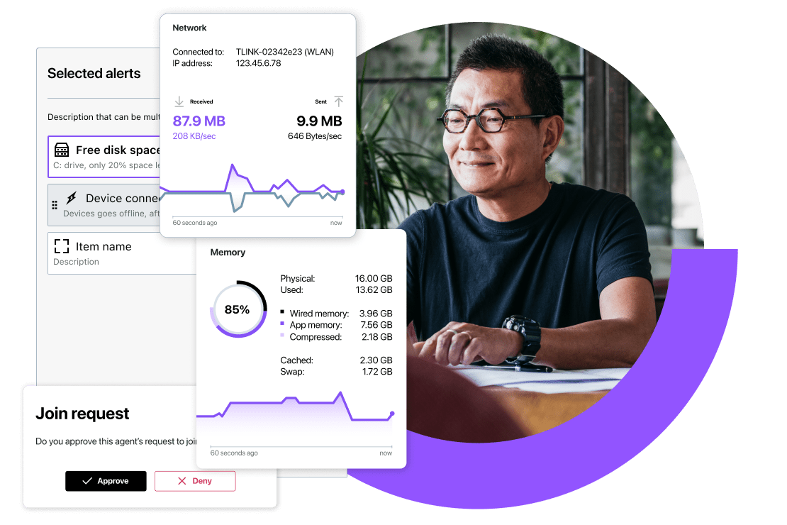 Un homme sur un ordinateur utilisant le logiciel de surveillance informatique à distance gratuit de GoTo Resolve.