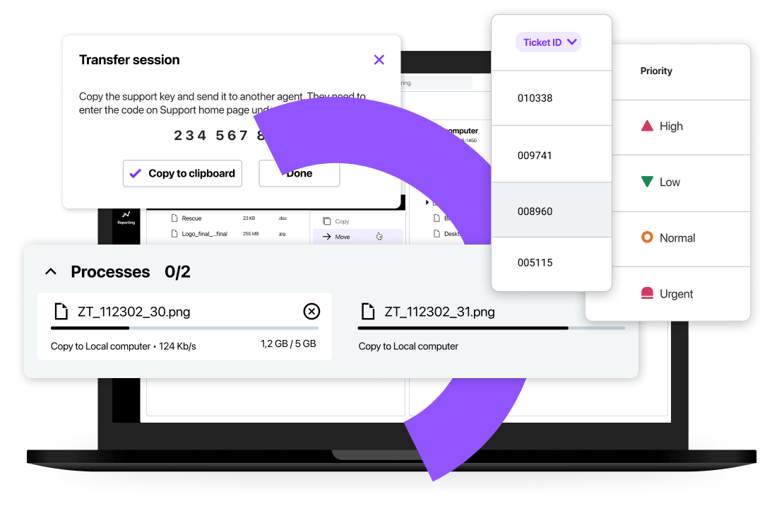 Logiciel RMM avec accès en arrière-plan, automatisation informatique, alertes proactives, collaboration entre les agents et gestion de plusieurs sessions.