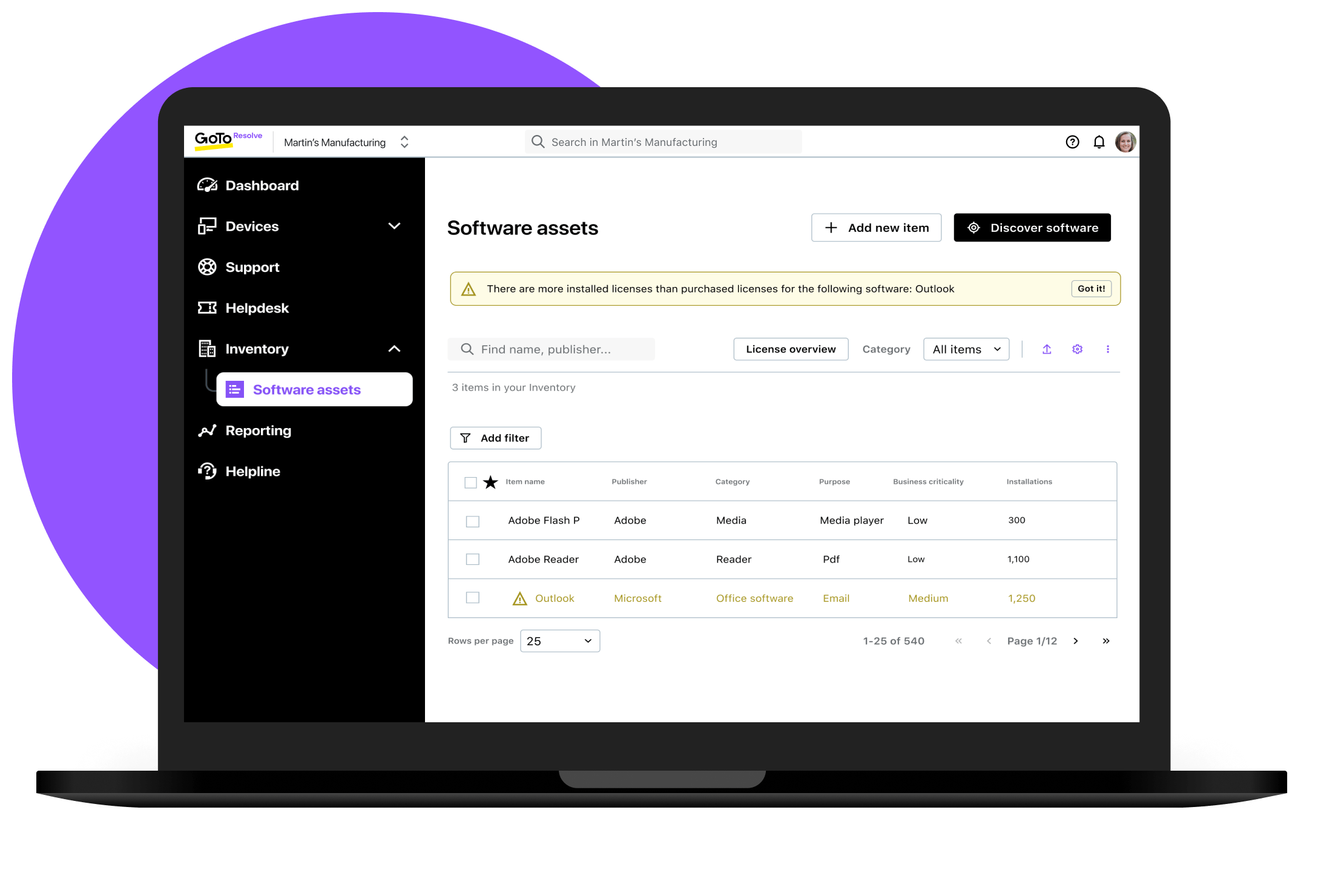 Examples of device audit options with GoTo Resolve.