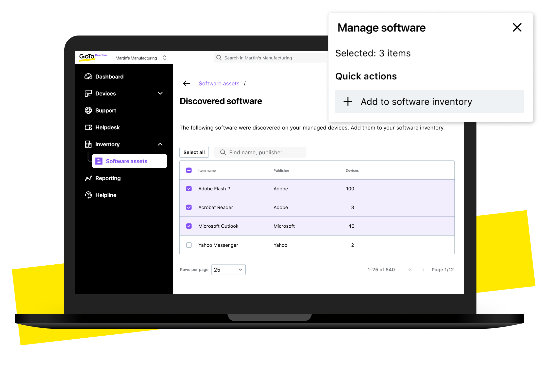 Dimostrazione dell’interfaccia di rilevamento automatico dei software GoTo Resolve, visualizzazione delle informazioni sul sistema e opzioni di gestione.